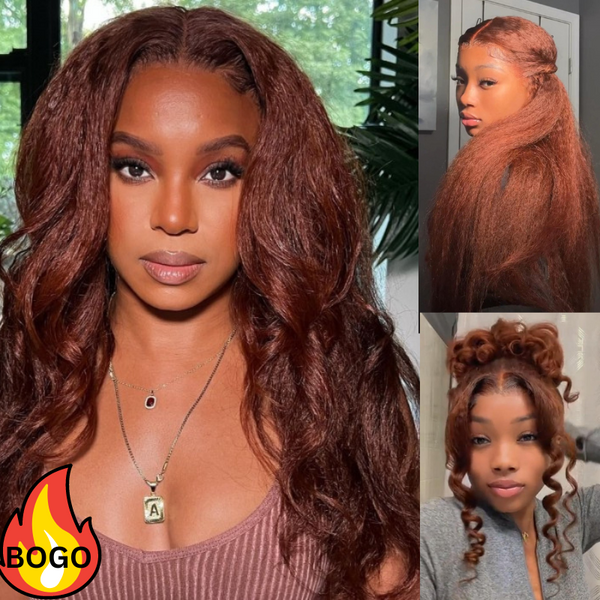 BOGO Sunber Kinky Straight Reddish Brown Lace Front Wig Dark Auburn Copper Color Human Hair Wigs