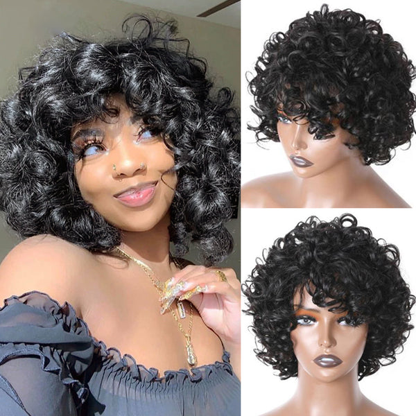 Sunber Fluffy Curls Short Human Hair Wigs with Bangs Glueless Pixie Cuts Wigs