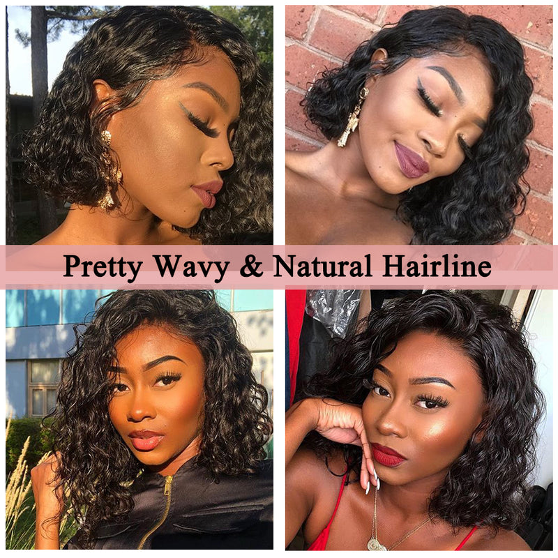 Sunber Short Bob Water Wave Human Hair Wig Lace Front Wigs 150% Density Lace Front Human Full and Thick For Black Women