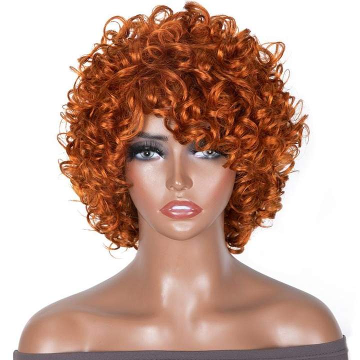 BOGO Sunber Ginger Orange Bouncy Curls Short Human Hair Wigs With Bangs Glueless Pixie Cuts Wigs