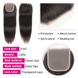 Sunber Hair Peruvian Straight Hair Bundles 3 Bundles With 4x4 inch Swiss Lace Closure, 8"-30" in stocks