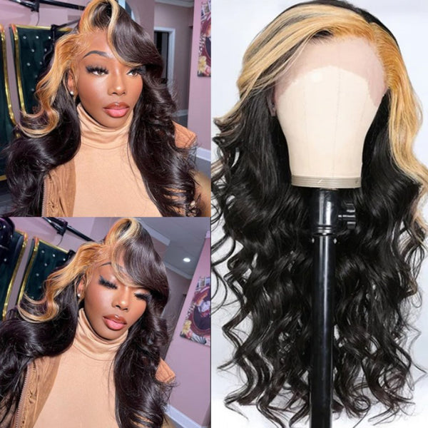 Sunber Blonde Highlights Body Wave 13x4 Lace Front Wig With Skunk Stripe Hair