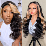 Sunber Blonde Highlights Body Wave 13x4 Lace Front Wig With Skunk Stripe Hair