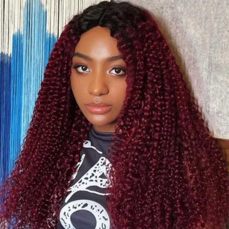 Flash Sale Sunber Ombre 99j Burgundy Colored Jerry Curly V Part Human Hair Wig Luxury Density