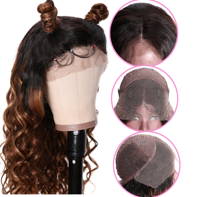 Sunber Ombre Deep Curly Human Hair Wig With Baby Hair Pre Plucked T1B/4/27 Ombre Curly Hair Lace Front Wig 150% Density