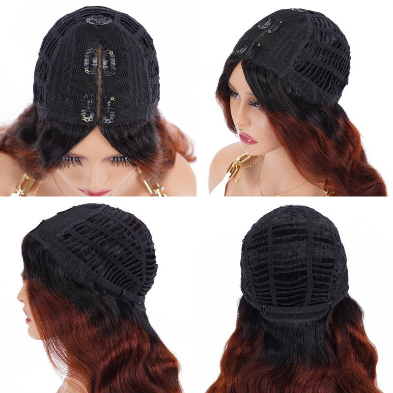 Sunber Reddish Brown Dark Roots V Part Wig Body Wave Glueless Human Hair Wigs