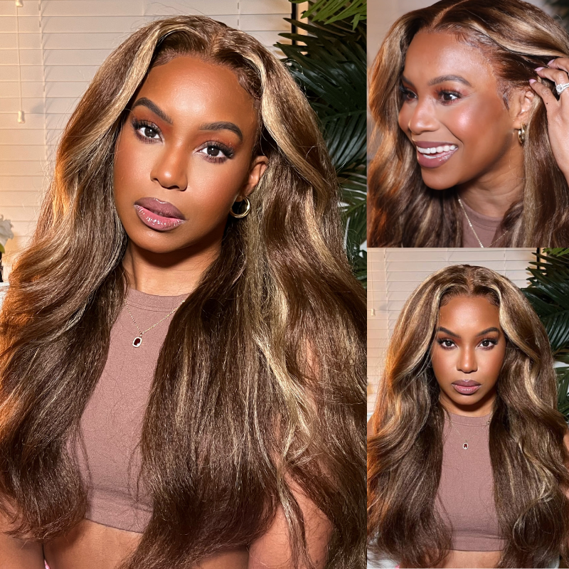 BOGO Sunber Honey Blonde Highlight  Kinky Straight 13x4 Lace Front Wig Human Hair