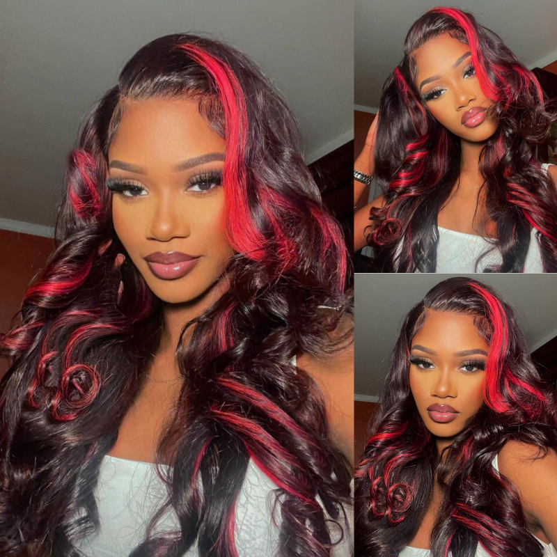 Sunber 13*4 Lace Front Dark Burgundy With Rose Red Highlights Loose Wave Human Hair Wig Flash Sale