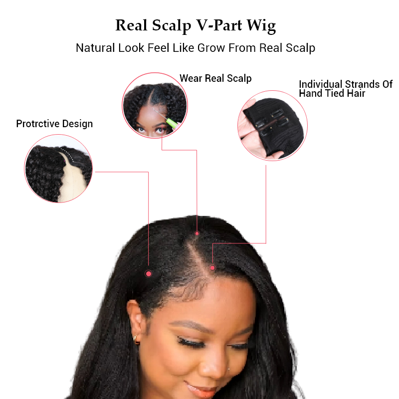 Sunber Small Head Friednly  Kinky Straight V Part Wigs Versatile No Leave Out Yaki Straight Human Hair Wigs