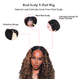 Sunber Balayage Highlight Curly V Part Wigs Effortless To Put On Dark Roots Human Hair Wig