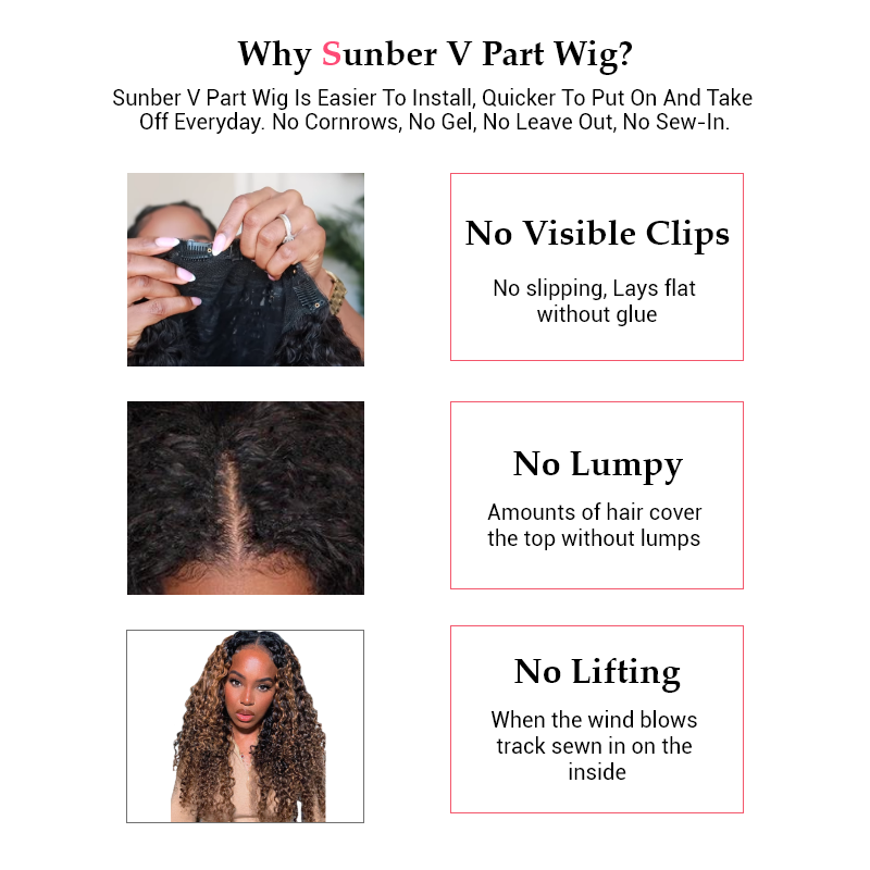 Sunber Balayage Highlight Curly V Part Wigs Effortless To Put On Dark Roots Human Hair Wig