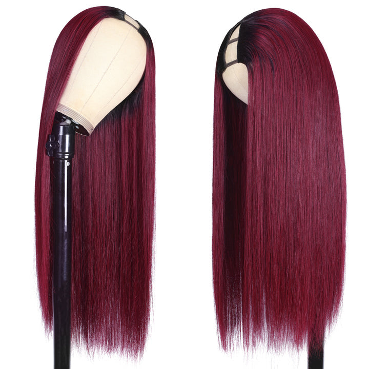 Flash Sale $63.60 Get 24'' Ombre 99J Burgundy Straight Upgrade U Part Wig Glueless Human Hair Wigs