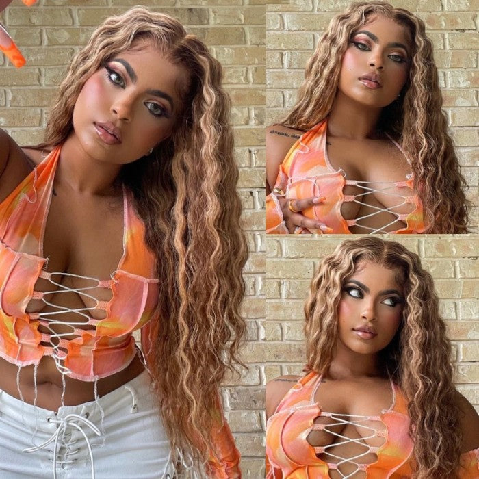 Flash Sale Sunber Honey Blonde Highlight Piano 13x4 Lace Front Wig With Deep Wave Human Hair Wig