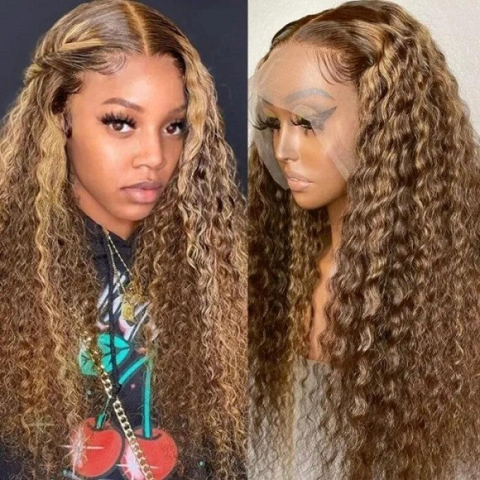 sunber honey blonde highlight curly lace front wigs