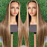 Sunber Face Framing Highlights Lace Front Wig Silk Straight Honey Blonde Brown Color