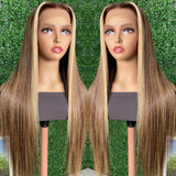 Sunber Face Framing Highlights Lace Front Wig Silk Straight Honey Blonde Brown Color