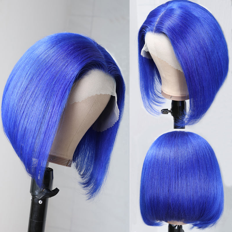 Sunber Beautiful Blue Bob Wigs Human Hair Lace Front Wigs Pre Plucked 13×4 Swiss Lace Wig 150% Density