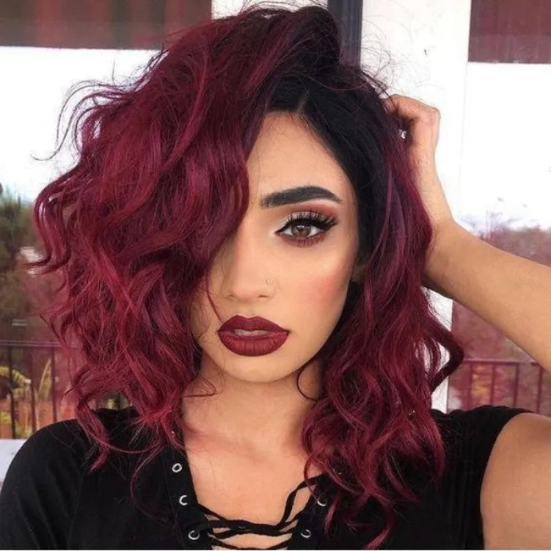 Sunber Ombre Red Burgundy Color Short Bob Wigs Lace Closure Human Hair Wigs