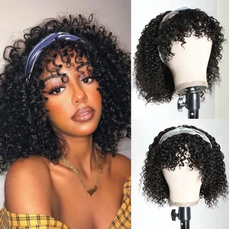 Sunber Jerry Curly Short BOB Headband Wigs with Removable Bang 150% Density Best Human Hair Glueless Scarf Wigs