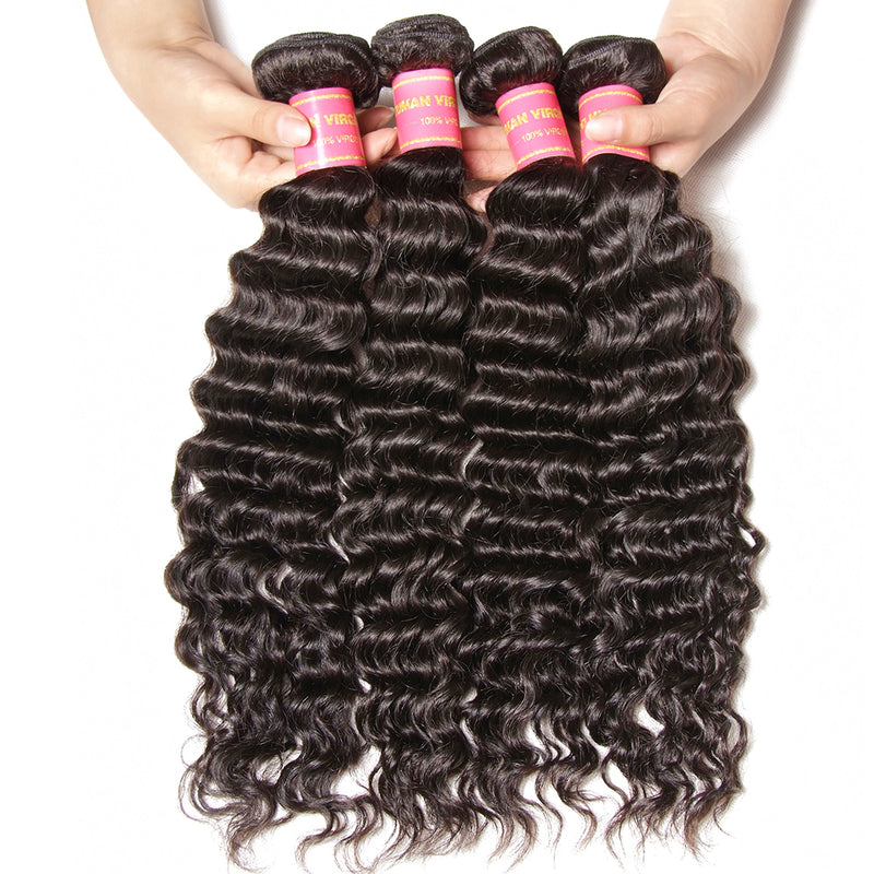 Virgin Peruvian Deep Wave Hair Weaves, 4 Bundles with 4*4 Lace Closure - Sunberhair