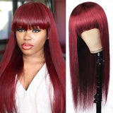 Sunber 99J Wine Red Silk Straight Human Hair Wig with Bangs Burgundy Colored Wigs Glueless Human Hair Wigs