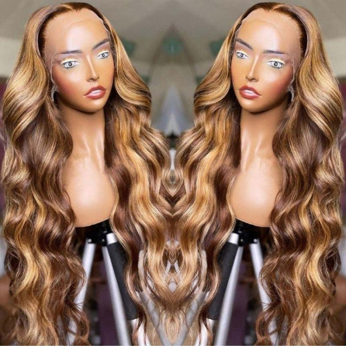 Buy Sunber  Blonde Highlights 13*4 Lace Front Body Wave Wig Get 18" Lace Part Kinky Straight Wig FLash Sale