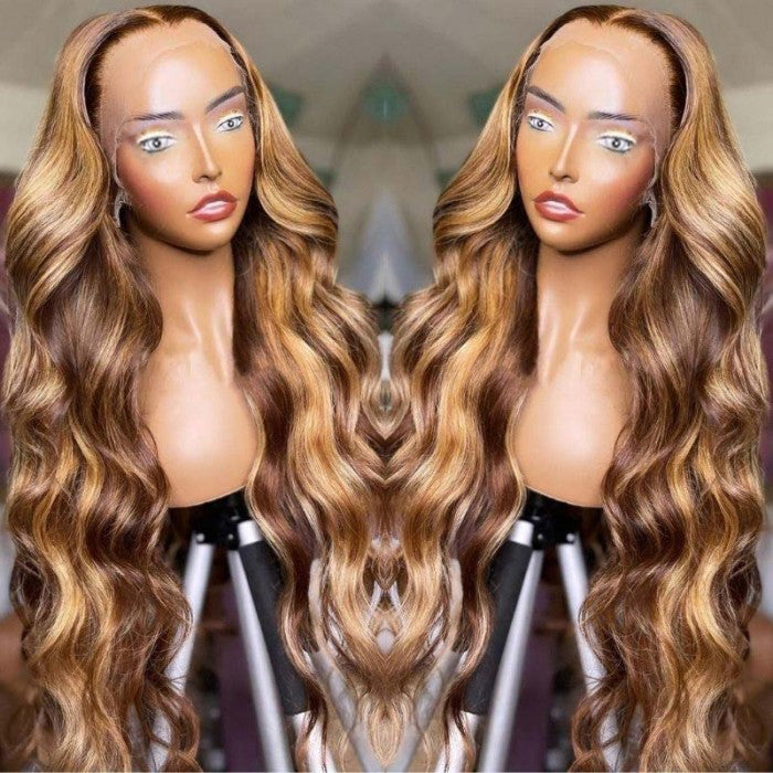Sunber Ombre Blonde Highlight Brown Body Wave Wig Lace Front Human Hair Wigs