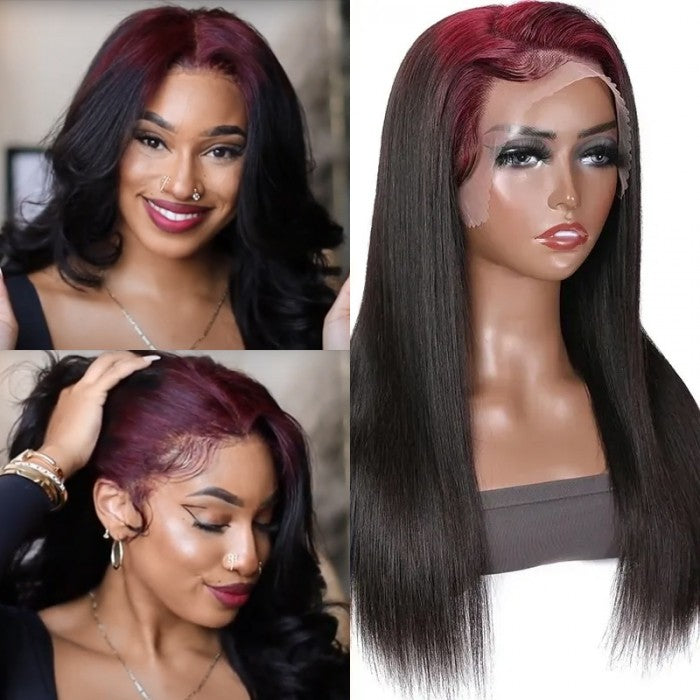 Sunber Skunk Stripe Hair Sparkle Burgundy 99J Roots Straight 13x4 Lace Frontal Wigs
