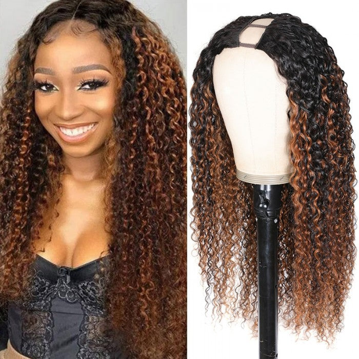 180% Density Sunber Zero Skill Needed Balayage Highlight Full Curly U Part Human Hair Wigs Flash Sale