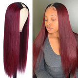 Flash Sale $63.60 Get 24'' Ombre 99J Burgundy Straight Upgrade U Part Wig Glueless Human Hair Wigs