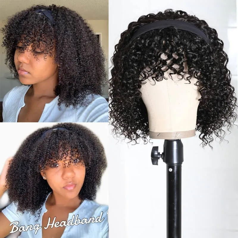 Sunber Jerry Curly Short BOB Headband Wigs with Removable Bang 150% Density Best Human Hair Glueless Scarf Wigs