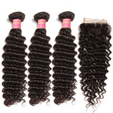 Brazilian Virgin Deep Wave Hair 3 Bundles With  4"*4" Lace Closure, 100% Human Hair - Sunberhair