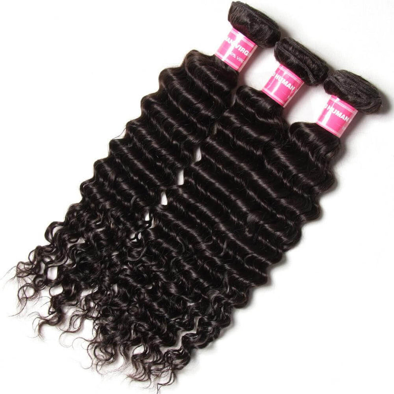 Peruvian Deep Wave Hair 3 Bundles With  4"*4" Lace Closure, Free Part, 100%  Human Hair - Sunberhair