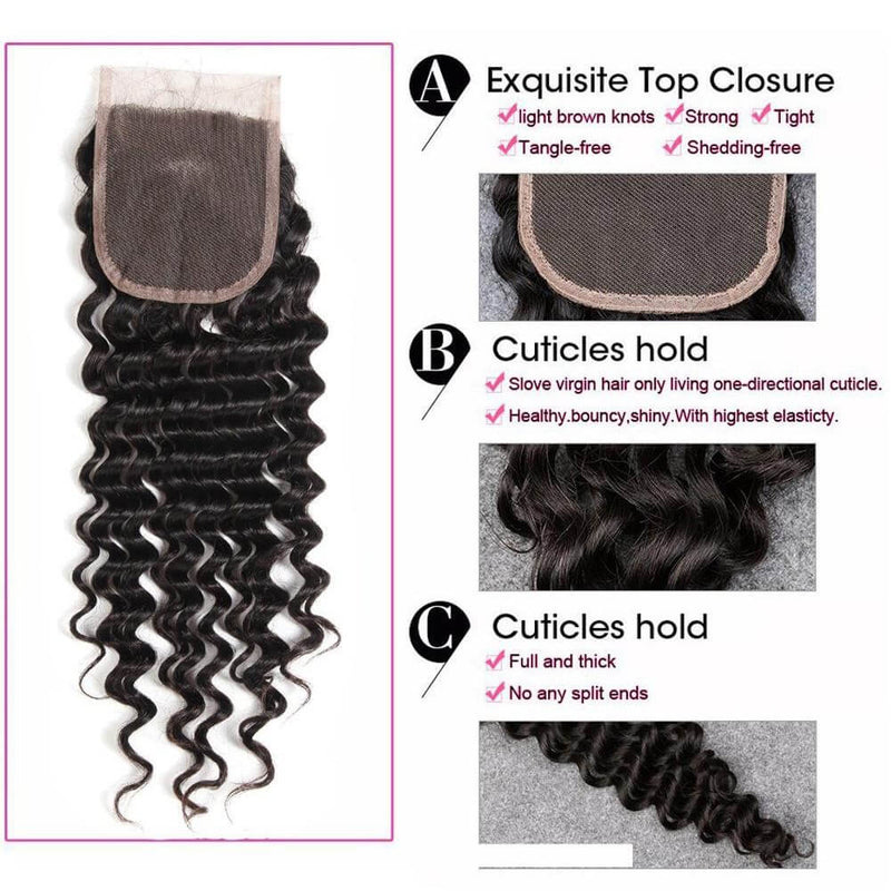 Peruvian Deep Wave Hair 3 Bundles With  4"*4" Lace Closure, Free Part, 100%  Human Hair - Sunberhair