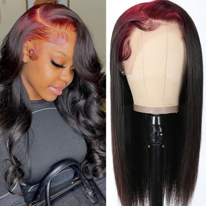 Sunber Skunk Stripe Hair Sparkle Burgundy 99J Roots Straight 13x4 Lace Frontal Wigs