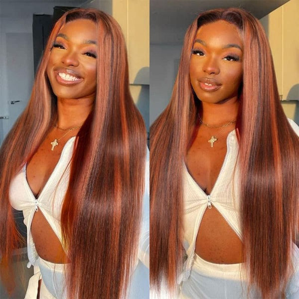 Sunber Mix Ginger And Copper Red Straight Human Hair Wigs Ombre Lace Front Wig