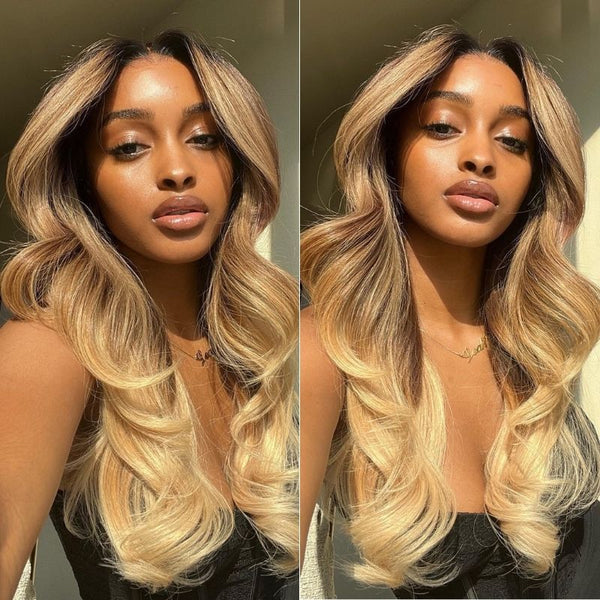 Sunber Ombre Black Blonde Highlight Natural Wavy Lace Front Wigs
