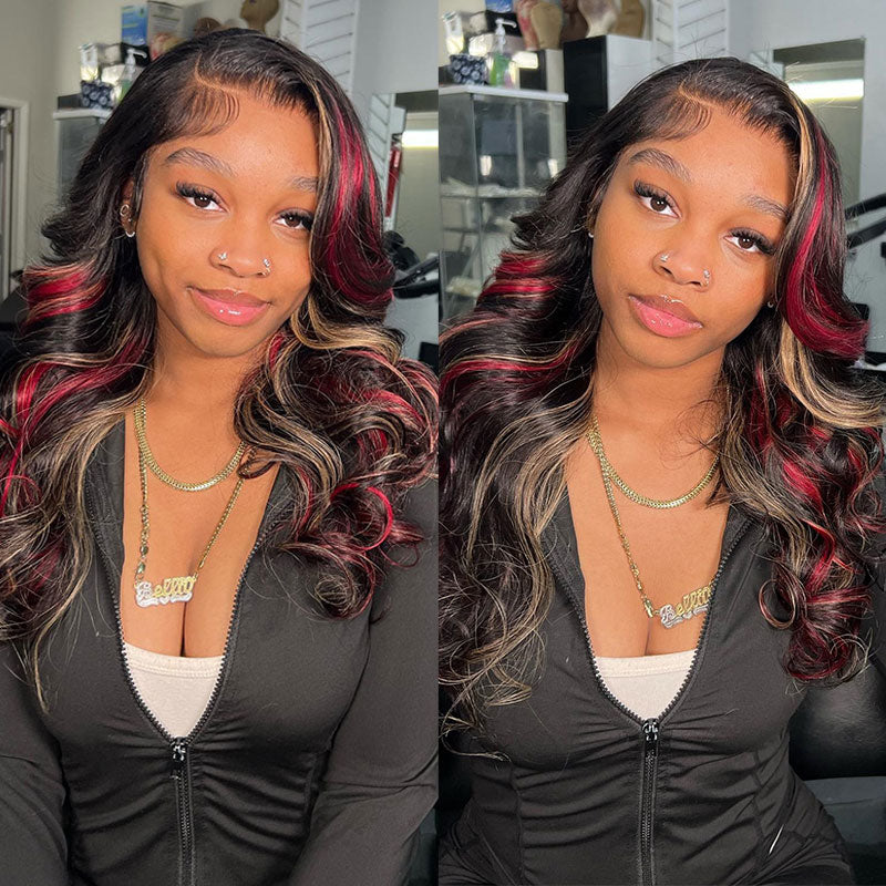 $100 OFF Sunber Black with Red & Blonde Highlights 13x4 Lace Front Human Hair Wig