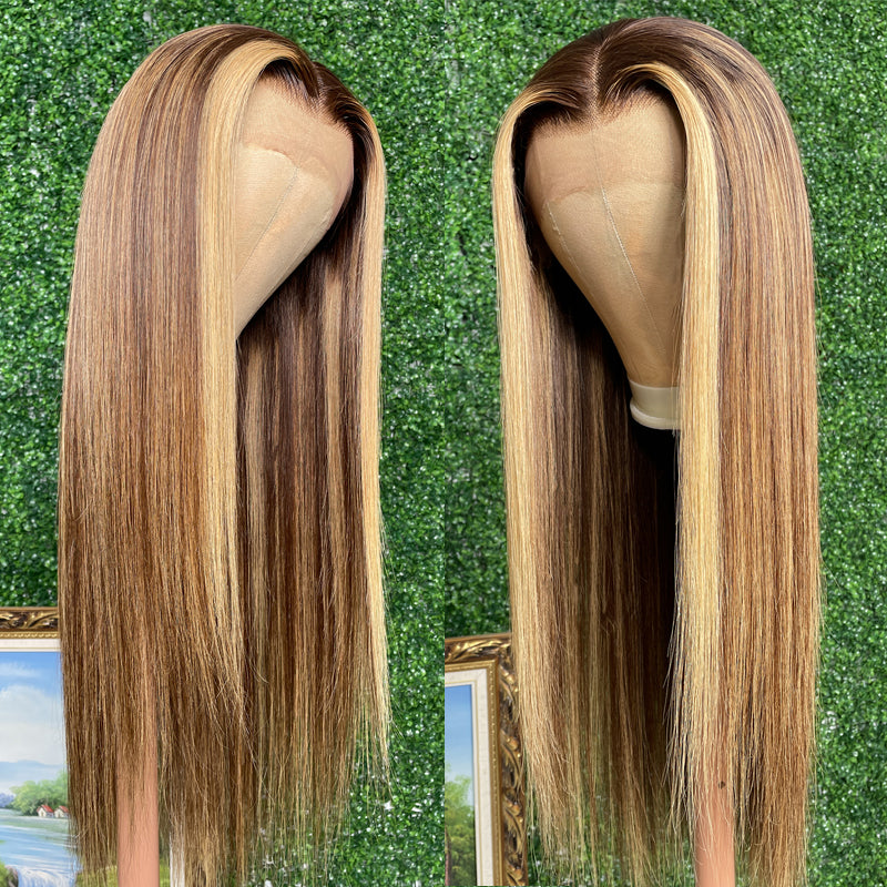 Sunber Face Framing Highlights Lace Front Wig Silk Straight Honey Blonde Brown Color