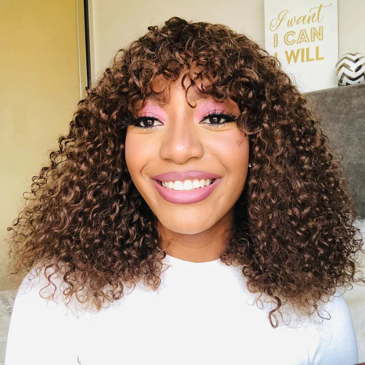 Sunber Bouncy Curl Short Bob Wigs With Bangs No Lace No Glue Human Hair Wigs