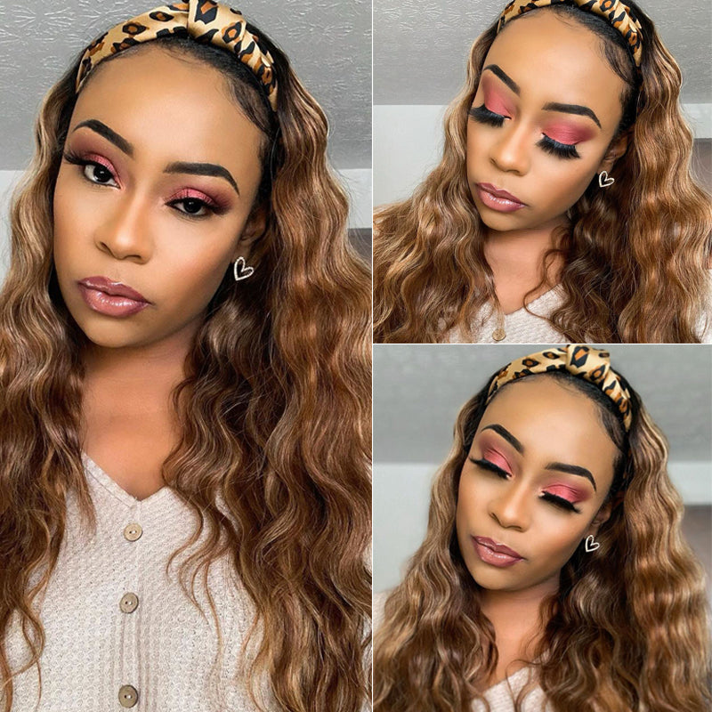 Flash Sale Sunber Ombre Blonde Highlight Body Wave Headband Wig Dark Roots Glueless Wear and Go Headband Wig