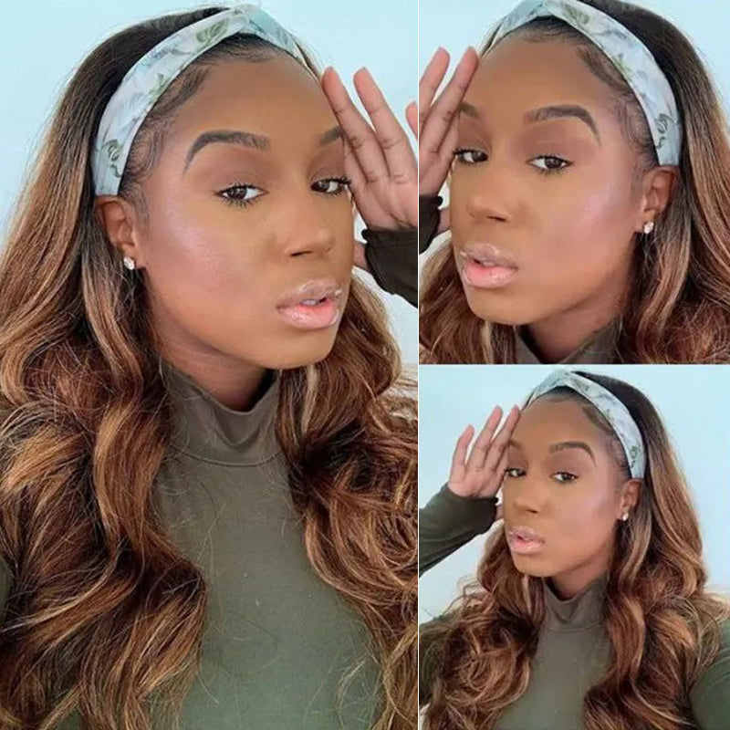 Flash Sale Sunber Ombre Blonde Highlight Body Wave Headband Wig Dark Roots Glueless Wear and Go Headband Wig