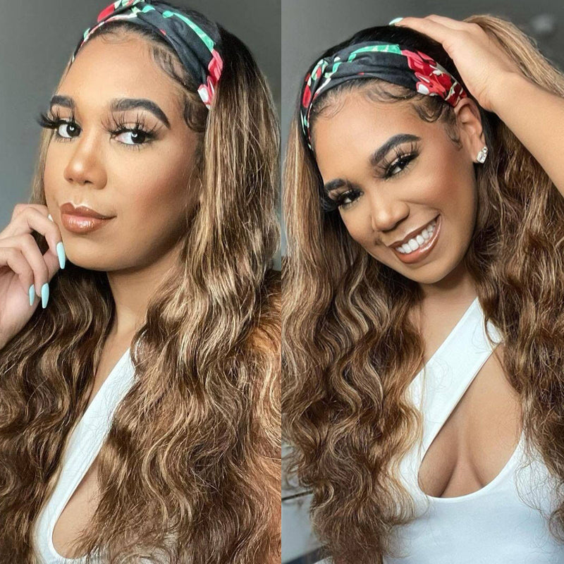 Flash Sale Sunber Ombre Blonde Highlight Body Wave Headband Wig Dark Roots Glueless Wear and Go Headband Wig