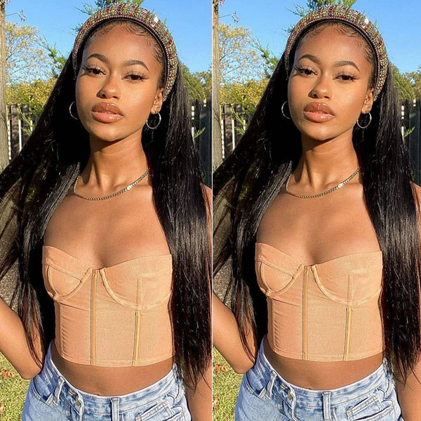 Sunber No Glue No Sew In Long Straight Glueless Headband Wig Human Hair With More Natural Hairline