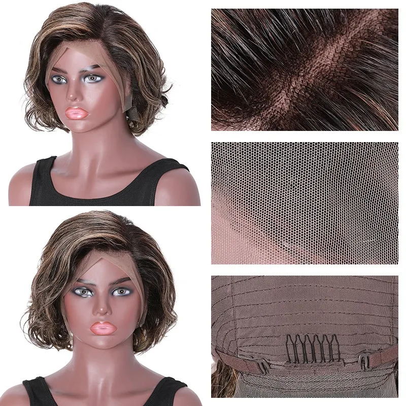 Sunber Short Hair Highlights Colour Free Part 13x4 Lace Front Bob Wigs 150% Density