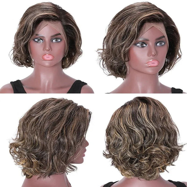 Sunber Short Hair Highlights Colour Free Part 13x4 Lace Front Bob Wigs 150% Density