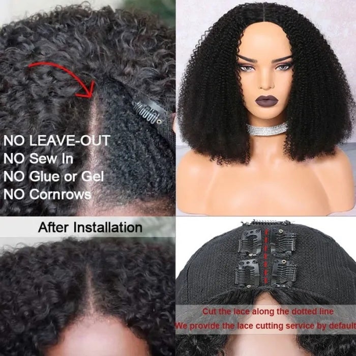Flash Sale Kinky Curly V Part Wig No Glue No Leave Out Human Hair Wigs
