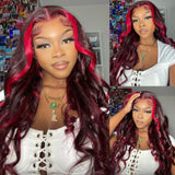 Sunber Dark Burgundy With Rose Red Highlights Loose Wave 13x4 Lace Front Human Hair Wig