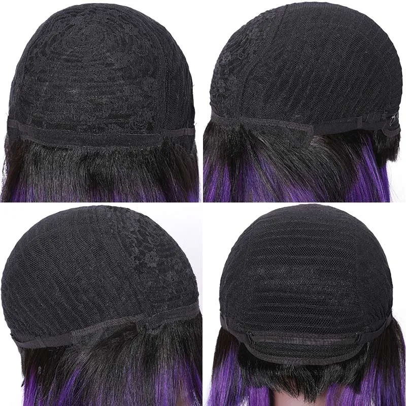 Sunber Highlight Purple Color Layered Bob Wigs With Side Bangs Straight Hair Glueless Wig 150% Density