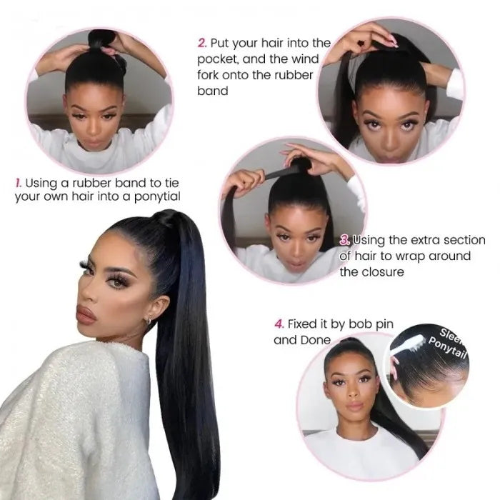 Sunber Silky Straight Ponytail Clip In Hair Extensions Human Hair